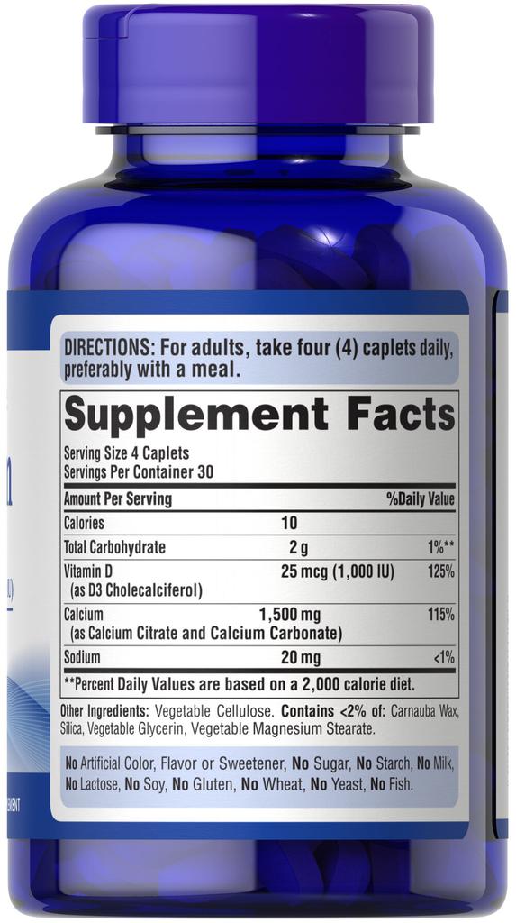 Calcium 1500 mg plus Vitamin D3 1000 IU 120 Caplets商品第4张图片规格展示