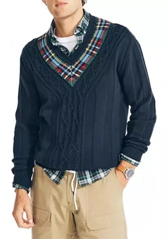 商品Nautica|Reissue Plaid Cable Knit V Neck Sweater,价格¥312,第1张图片