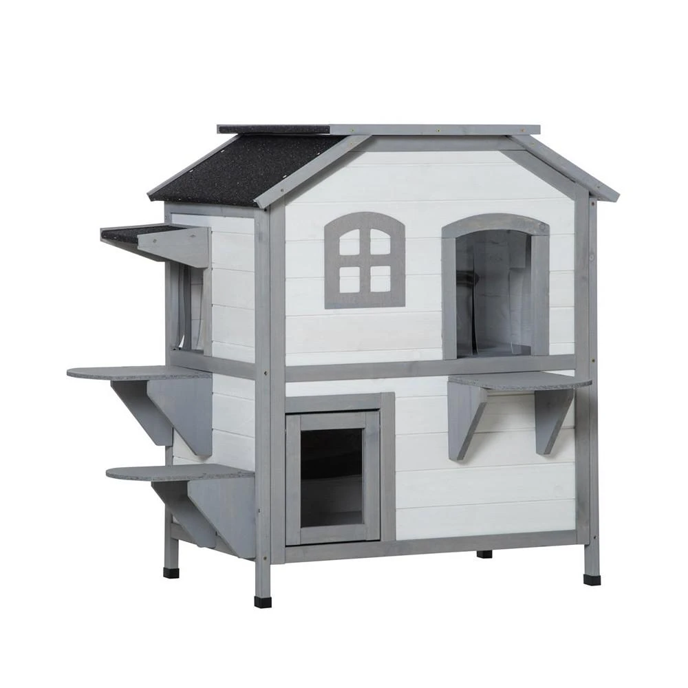 商品PawHut|2-Story Wooden Cat Condo Balcony Doors for Indoor/Outdoor Use, White,价格¥1507,第1张图片