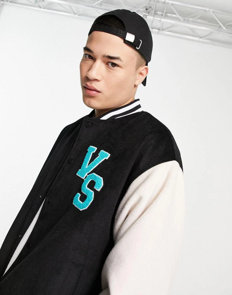 商品Vintage Supply|Vintage Supply varsity baseball jacket in black and cream with logo embroidery,价格¥428,第3张图片详细描述