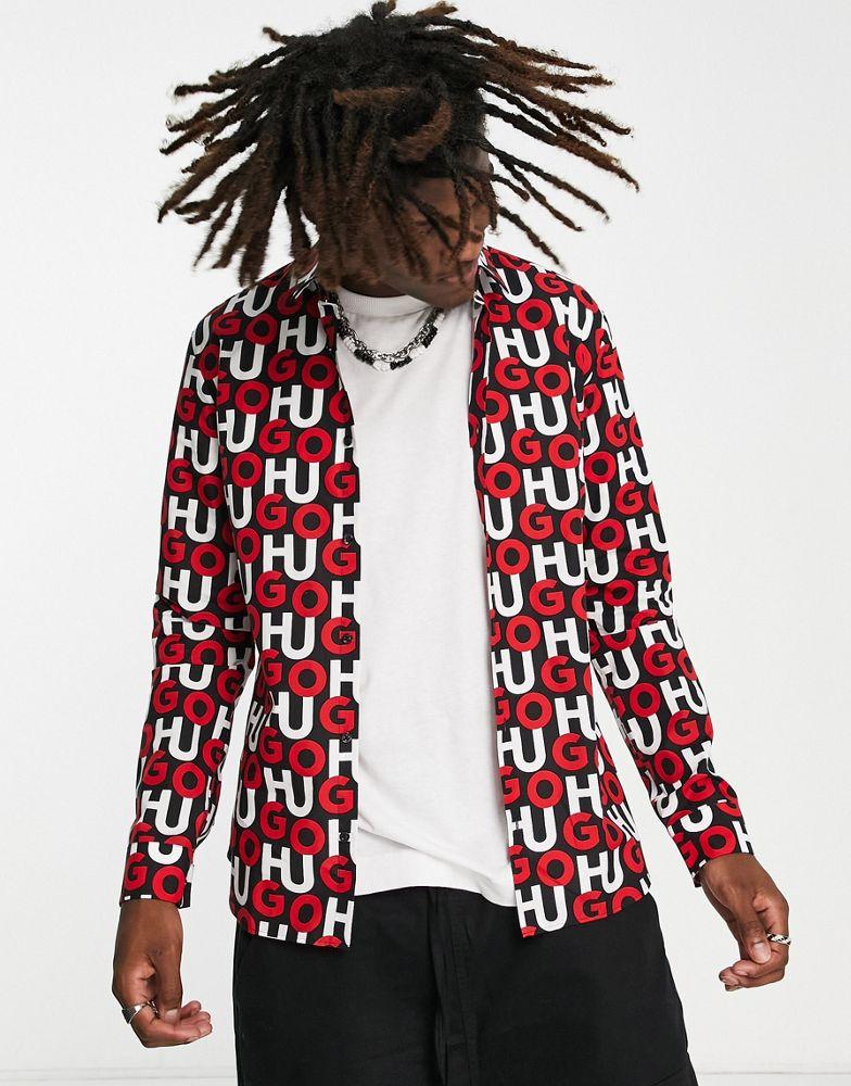 HUGO Ero3 all over logo slim fit long sleeve shirt in red商品第1张图片规格展示