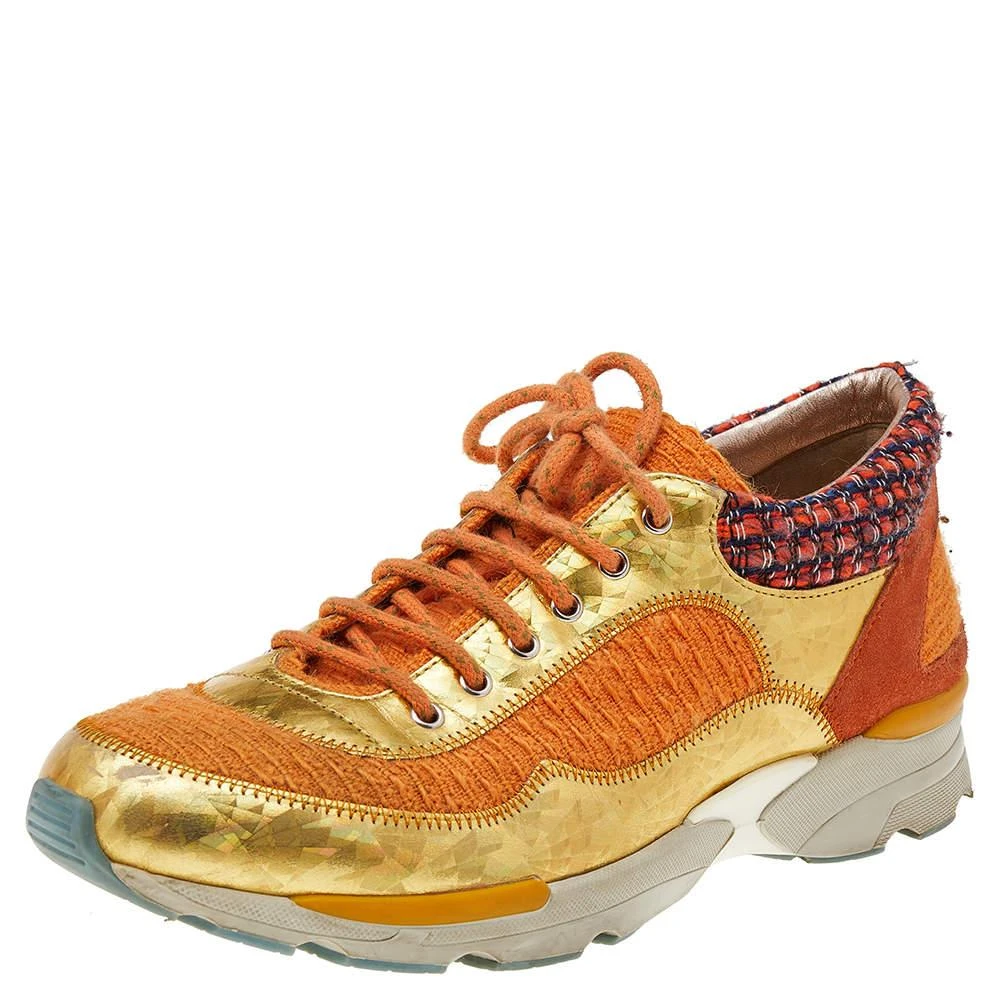 商品[二手商品] Chanel|Chanel Orange/Gold Tweed And Suede CC Low Top Sneakers Size 38,价格¥3489,第1张图片