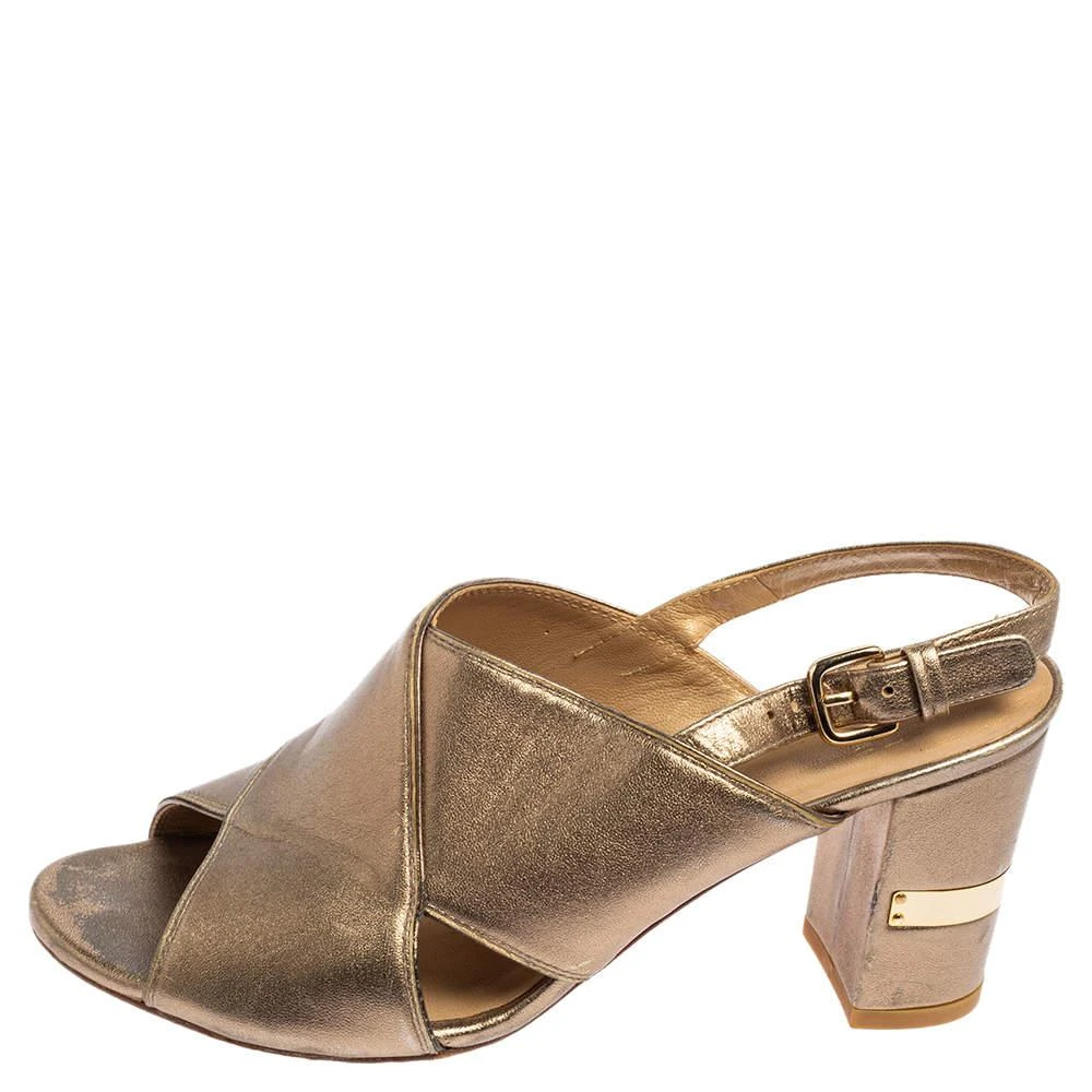 商品[二手商品] Stuart Weitzman|Stuart Weitzman Metallic Gold Leather Block Heel Slingback Sandals Size 39,价格¥801,第2张图片详细描述