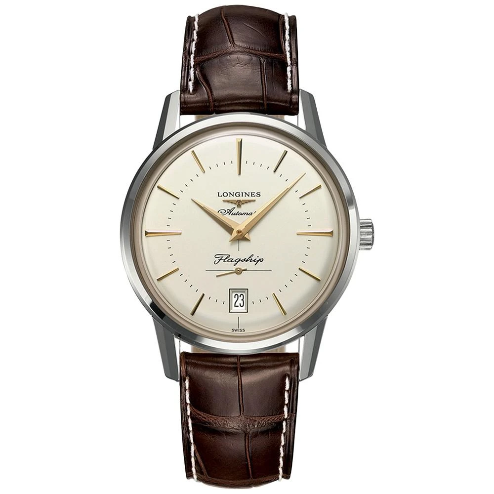 商品Longines|Men's Swiss Automatic Flagship Héritage Brown Alligator Leather Strap Watch 38.5mm,价格¥13283,第1张图片