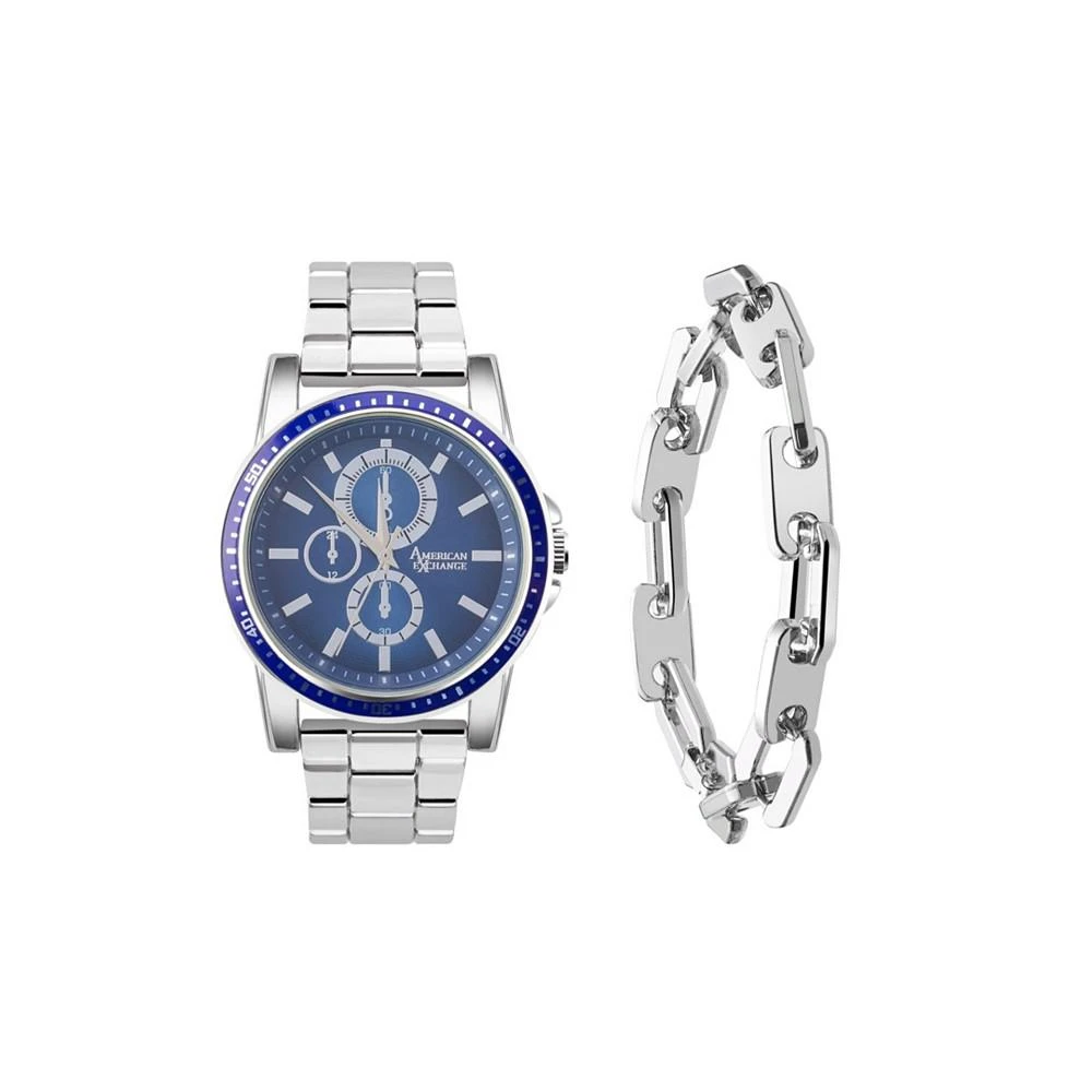 商品American Exchange|Men's Quartz Movement Shiny Silver-Tone Metal Bracelet Analog Watch, 43mm and Bracelet with Zippered Travel Pouch,价格¥225,第1张图片