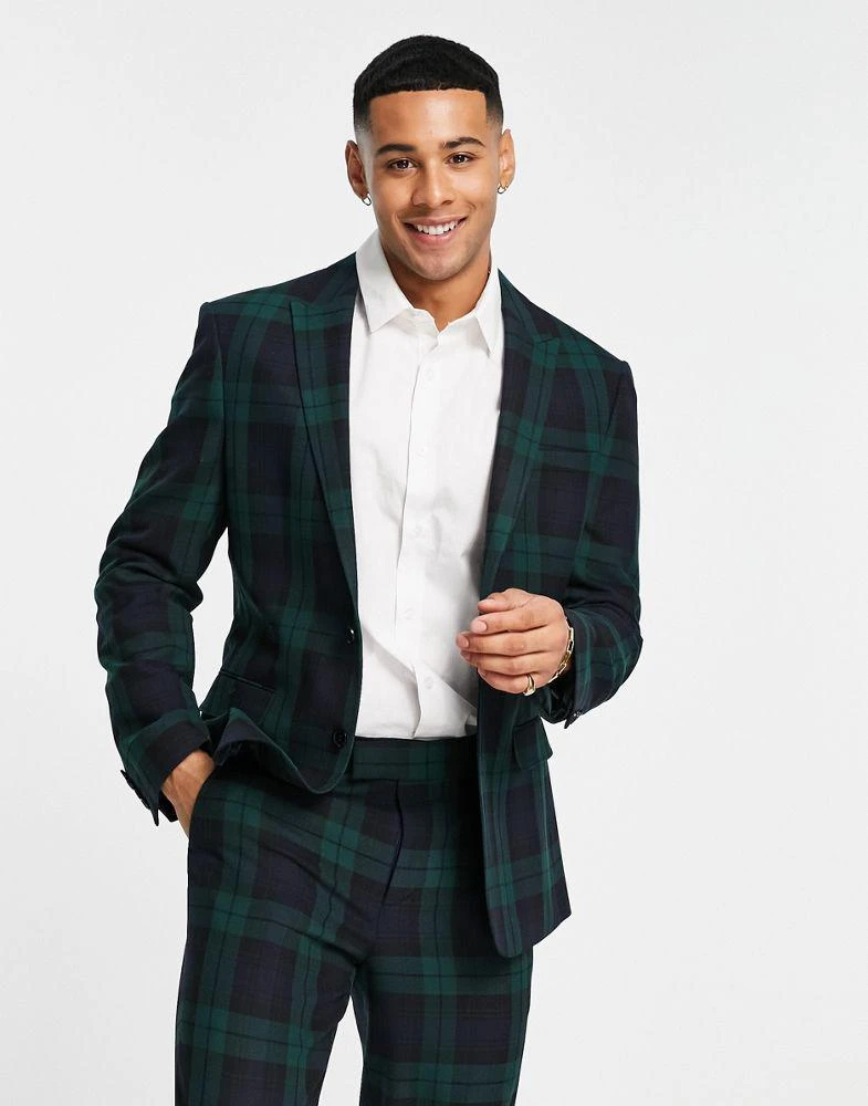 商品ASOS|ASOS DESIGN slim suit jacket in dark green blackwatch tartan check,价格¥499,第2张图片详细描述