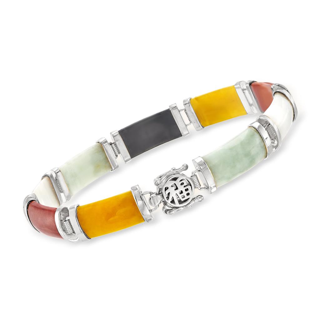 Ross-Simons Multicolored Jade "Good Fortune" Bracelet in Sterling Silver商品第1张图片规格展示