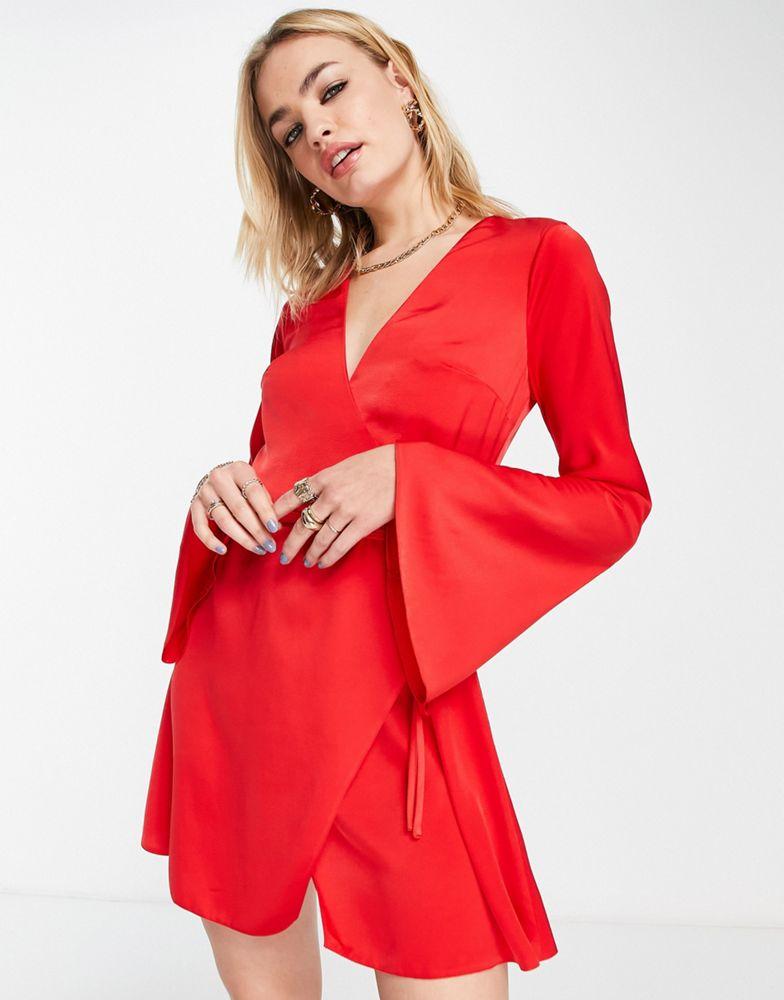 ASOS DESIGN bias cut satin wrap mini dress with tie waist in red商品第1张图片规格展示
