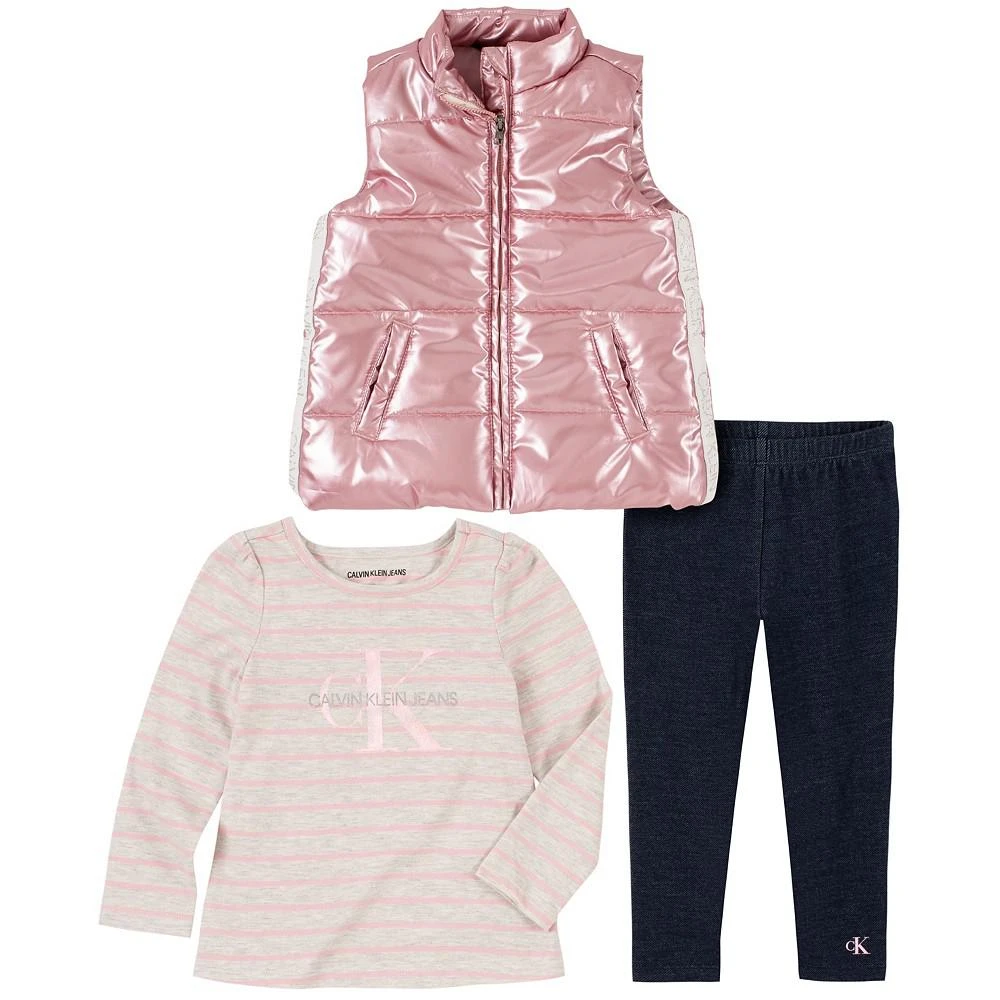 商品Calvin Klein|Baby Girls High Shine Vest, Striped T shirt and Leggings, 3 Piece Set,价格¥478,第1张图片