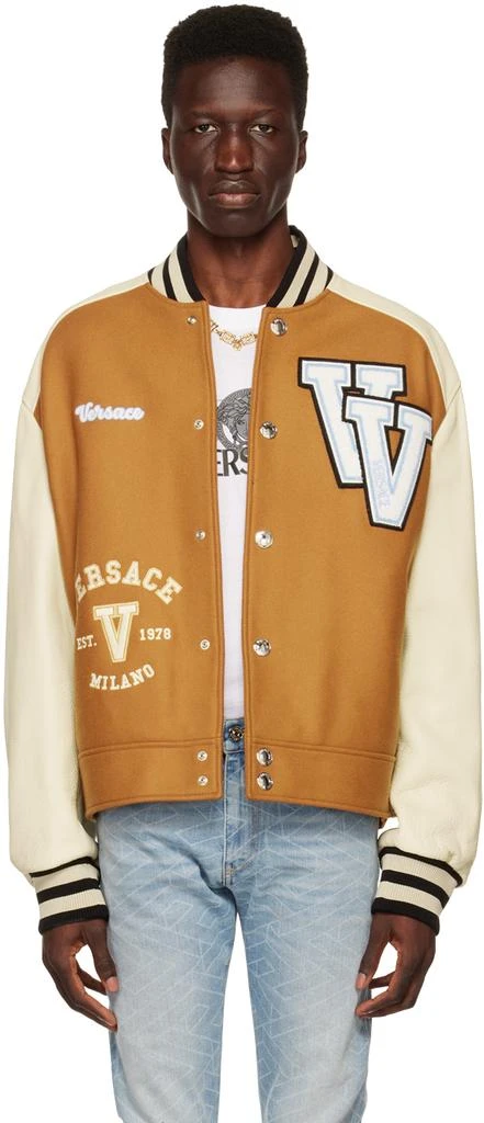 商品Versace|Tan & Off-White Varsity Down Bomber Jacket,价格¥9439,第1张图片