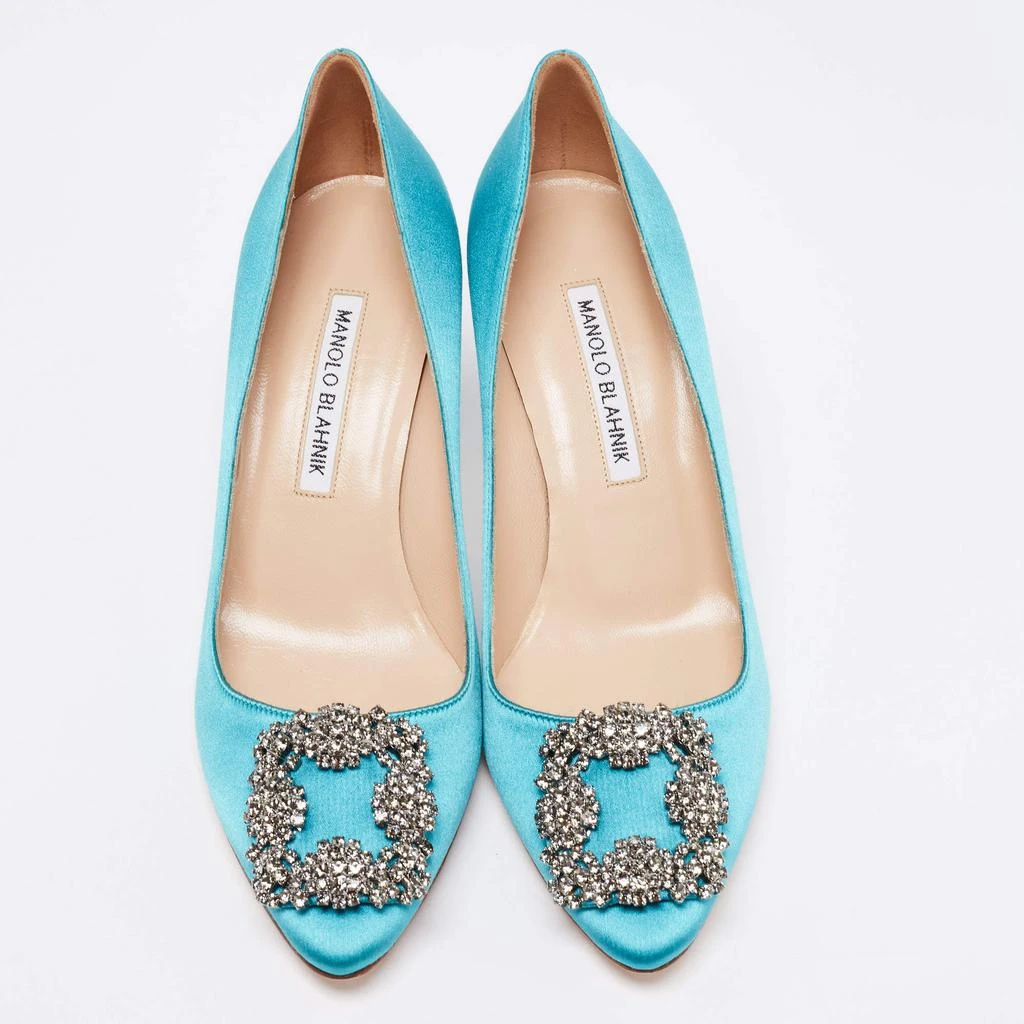 商品[二手商品] Manolo Blahnik|Manolo Blahnik Aqua Blue Satin Crystal Embellished Hangisi Pointed Toe Pumps Size 37.5,价格¥5336,第3张图片详细描述