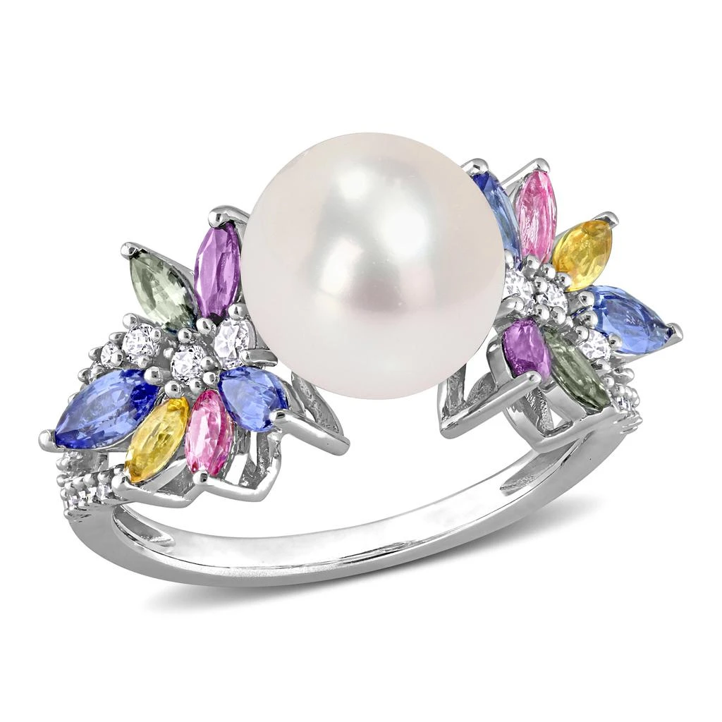 商品Mimi & Max|9-9.5 MM Cultured Freshwater Pearl and 1 3/4 CT TGW Multi Sapphire (Light Blue, White, Yellow, Pink, Purple & Green) and 1/8 CT TW Diamond Flower Ring in 14k White Gold,价格¥4601,第1张图片