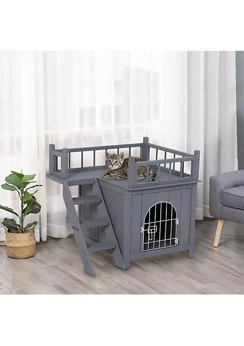 商品belk|2 Level Elevated Waterproof Outdoor Wooden Treehouse Cat Shelter With Balcony Grey,价格¥852,第3张图片详细描述