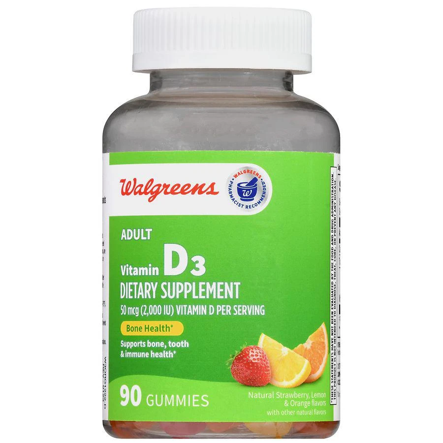 商品Walgreens|Adult Vitamin D3 50 mcg (2,000 IU) Gummies Natural Strawberry, Lemon & Orange,价格¥74,第2张图片详细描述