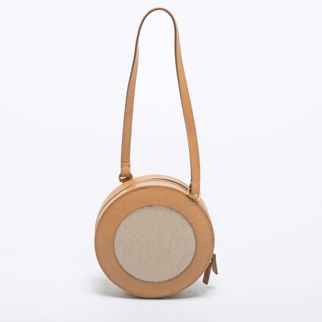 Bvlgari Beige Leather and Canvas Round Clutch Bag商品第4张图片规格展示