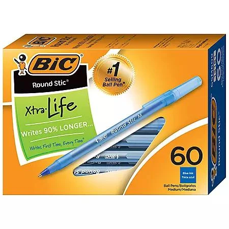 商品BIC|BIC Round Stic Xtra Life Ballpoint, 1mm, Medium, Blue, 60ct.,价格¥53,第2张图片详细描述