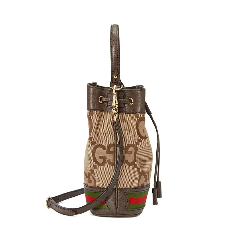 商品Gucci|【包税】GUCCI/古驰 22新款Ophidia系列 女士小号棕色超级双G老花帆布配皮饰红绿织带可拆卸肩带抽身开合单肩水桶包550621UKMJG2570,价格¥12989,第5张图片详细描述
