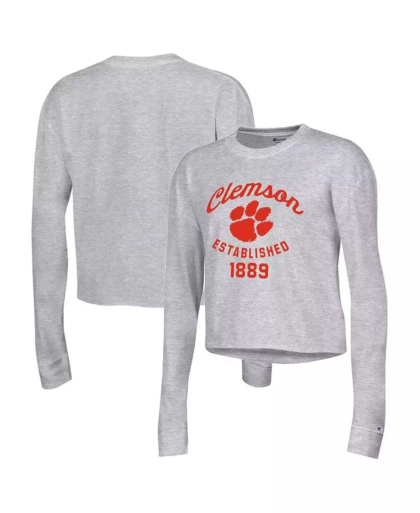 商品CHAMPION|Women's Gray Clemson Tigers Boyfriend Cropped Long Sleeve T-shirt,价格¥264,第1张图片