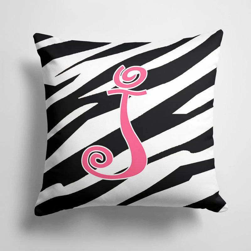 商品Caroline's Treasures|14 in x 14 in Outdoor Throw PillowLetter J Initial Zebra Stripe and Pink Fabric Decorative Pillow 15 X 15 IN,价格¥269,第1张图片