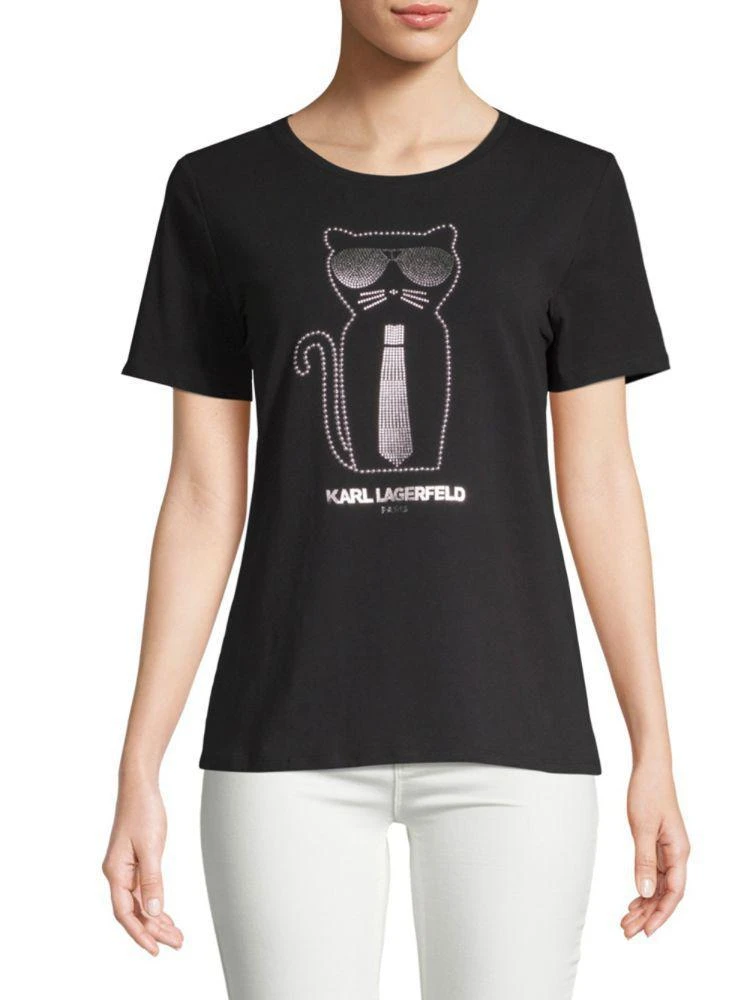 商品Karl Lagerfeld Paris|Faux Pearl Heatset Cat Short-Sleeve Tee,价格¥150,第3张图片详细描述