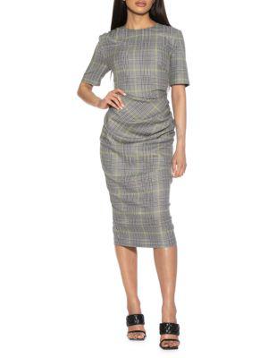 Olive Plaid Draped Midi Sheath Dress商品第1张图片规格展示