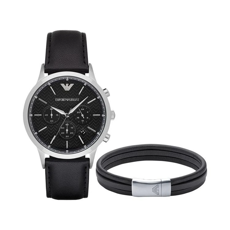 商品Emporio Armani|Men's Chronograph Renato Black Leather Strap Watch and Bracelet Gift Set 43mm AR8034,价格¥1876,第1张图片