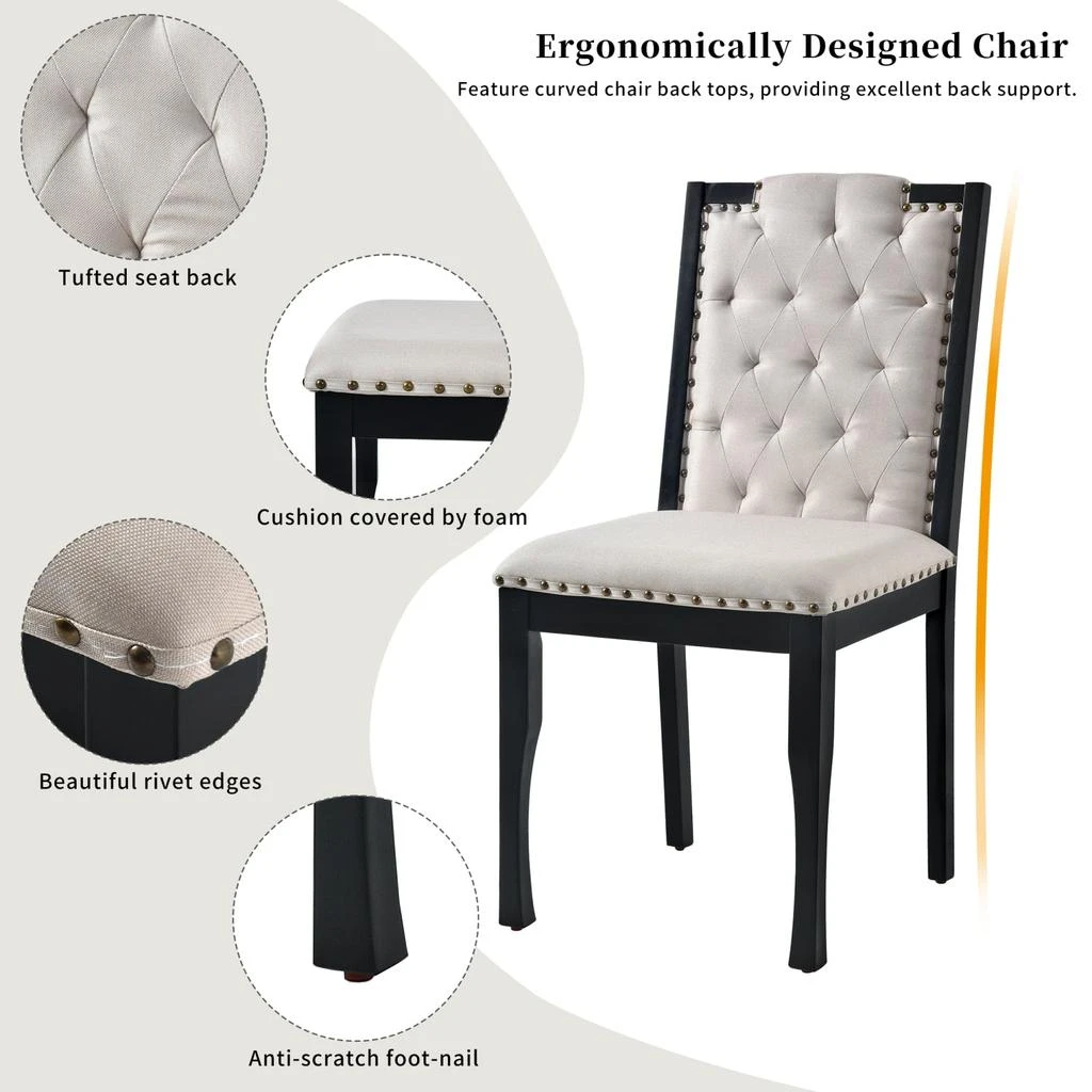 商品Streamdale Furniture|Streamdale 6-Piece Dining Table Set: 60" Table, 4 Tufted Chairs & Bench (Black),价格¥7327,第4张图片详细描述