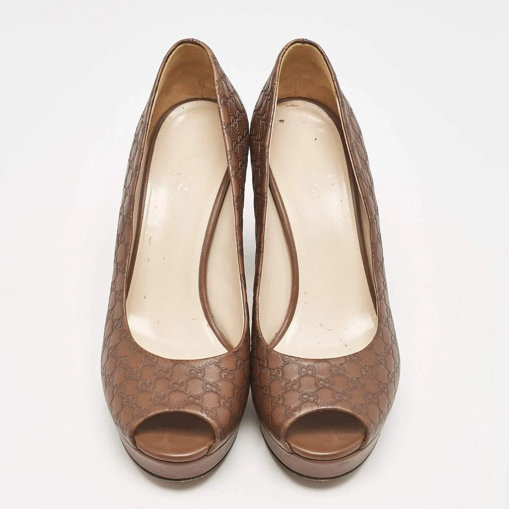 商品[二手商品] Gucci|Gucci Brown Monogram Leather Peep Toe Pumps Size 37.5,价格¥2821,第3张图片详细描述