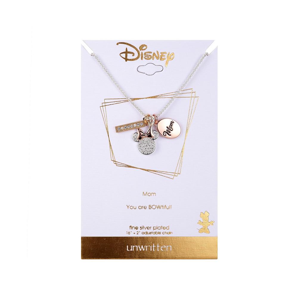 Silver Plated "Mom You Are Bowtiful" Clear Crystal Minnie Mouse Charm Necklace, 16"+2" Extender商品第2张图片规格展示