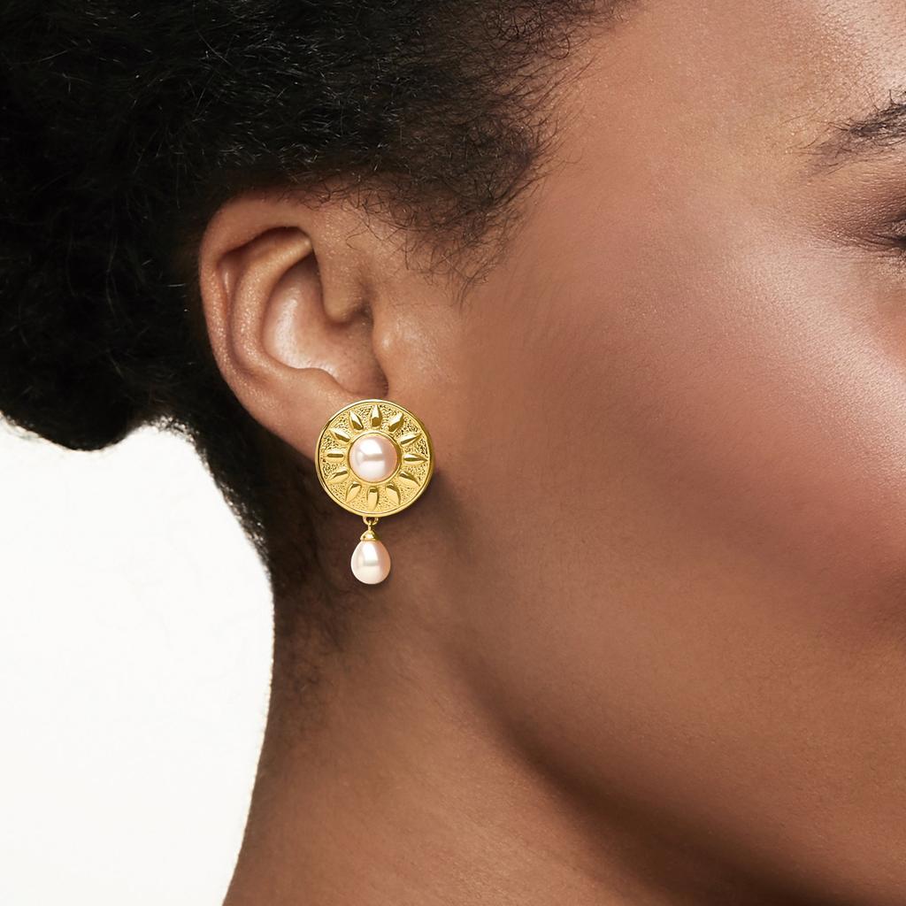 商品Ross-Simons|Ross-Simons 5.5-7.5mm Cultured Pearl Floral Drop Earrings in 18kt Gold Over Sterling,价格¥801,第4张图片详细描述
