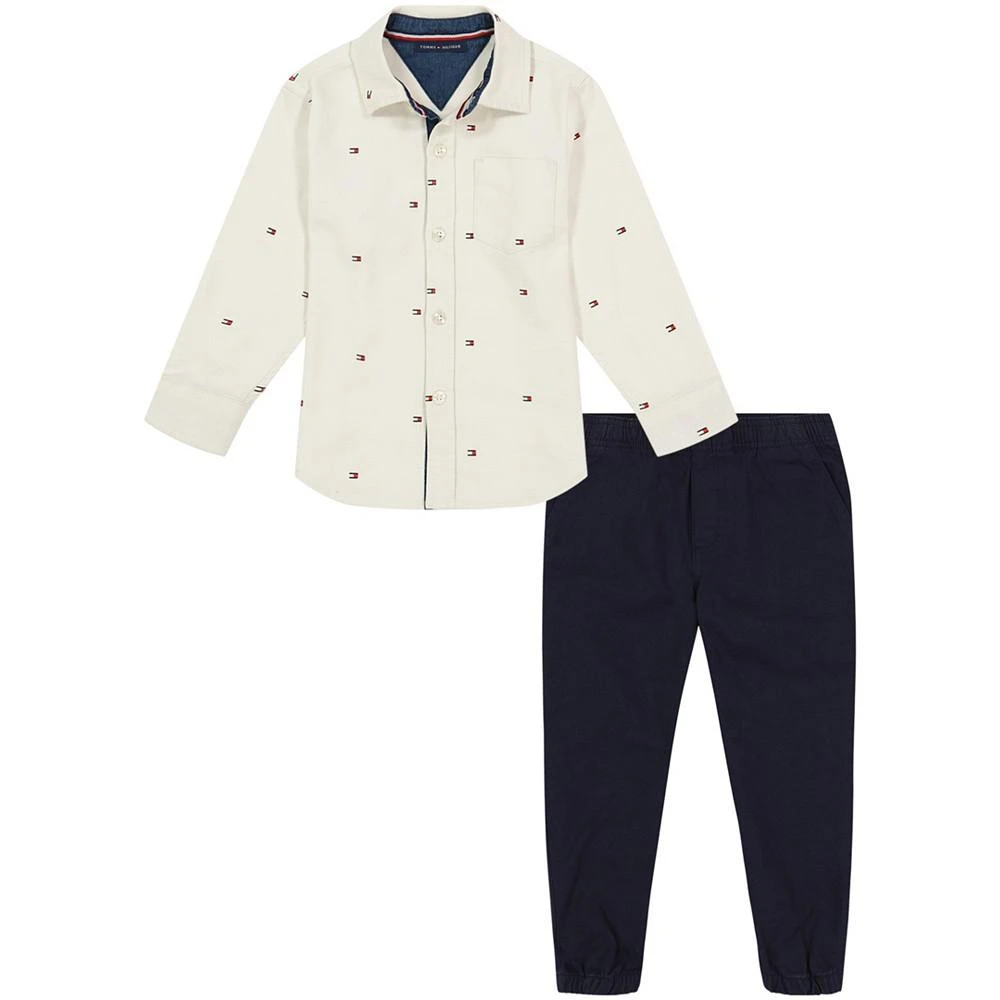 商品Tommy Hilfiger|Toddler Boys Flag-Print Twill Long Sleeve Button-Front Shirt and Twill Joggers, 2 Piece Set,价格¥226,第1张图片