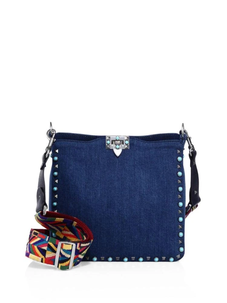 商品Valentino|Rolling Rockstud Small Guitar-Strap Denim Hobo Bag,价格¥9722,第1张图片