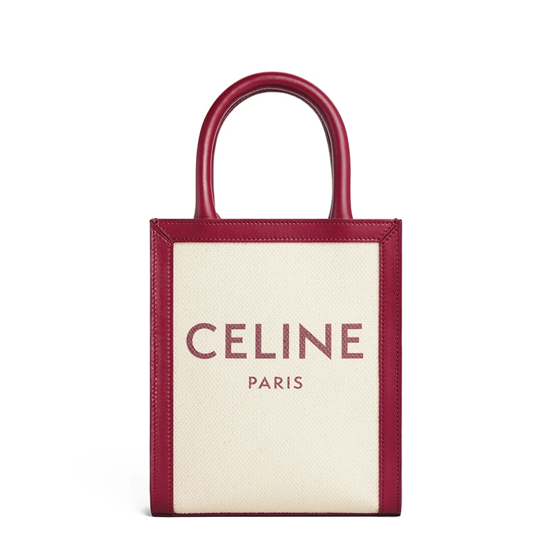 商品Celine|【包税】CELINE/赛琳 22新款VERTICAL系列 女士迷你自然色织物徽标印花胭脂红皮革细节配可拆卸肩带单肩斜挎手提托特包193302BNZ.02IN,价格¥9670,第1张图片