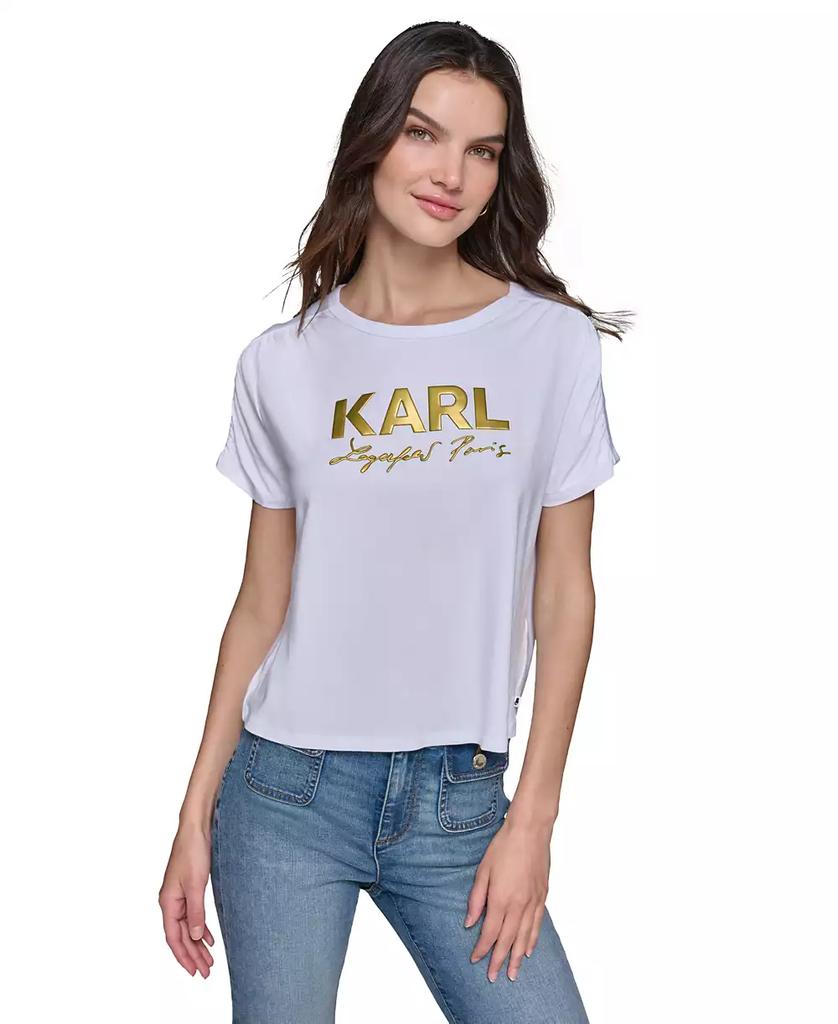 Karl Lagerfeld Paris Women's Metallic-Logo Ruched-Sleeve T