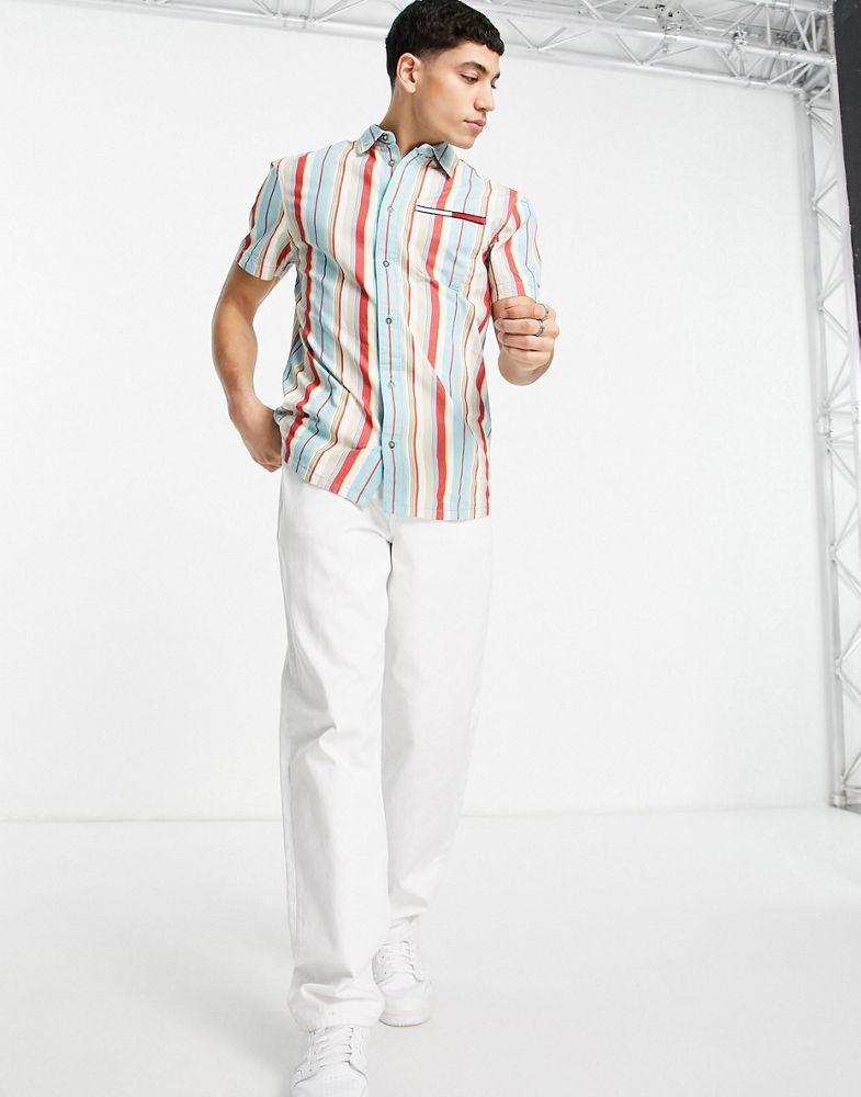 商品Tommy Hilfiger|Tommy Jeans archive washed stripe short sleeve shirt boxy fit in light blue,价格¥286,第5张图片详细描述