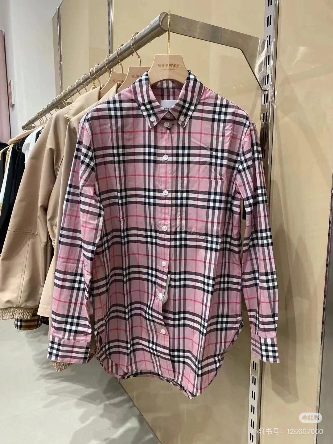 BURBERRY/博柏利 女士粉色格纹棉质多扣领经典长袖衬衫80742161 商品