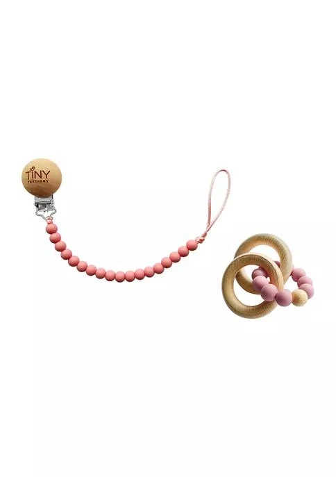 商品Tiny Teethers Designs|Teethers Designs Baby Girls Silicone And Beech Rattle And Pacifier Clip Set,价格¥240,第1张图片