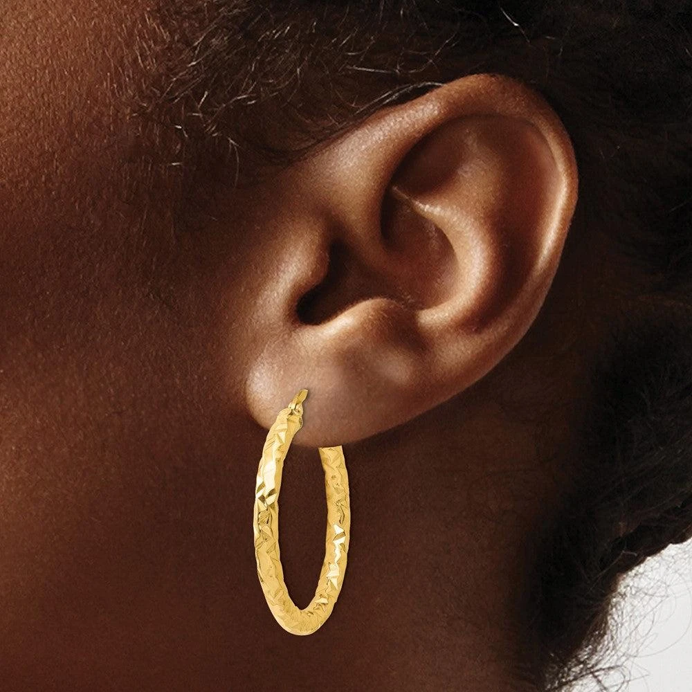 商品Diamond2Deal|14K Yellow Gold Polished and Textured Hoop Earrings 28mm,价格¥3661,第3张图片详细描述