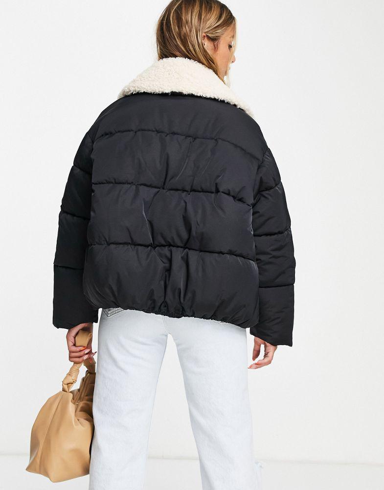 Topshop mid length puffer jacket with borg collar in black商品第3张图片规格展示