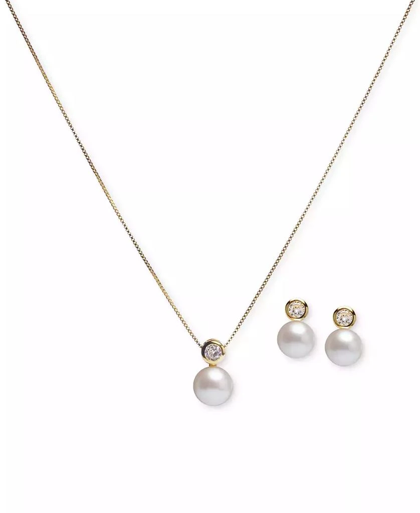 商品Macy's|2-Pc. Set Cultured Freshwater Pearl (8mm) & Cubic Zirconia 18" Pendant Necklace and Stud Earrings Set in 18k Gold-Plated Sterling Silver,价格¥421,第2张图片详细描述