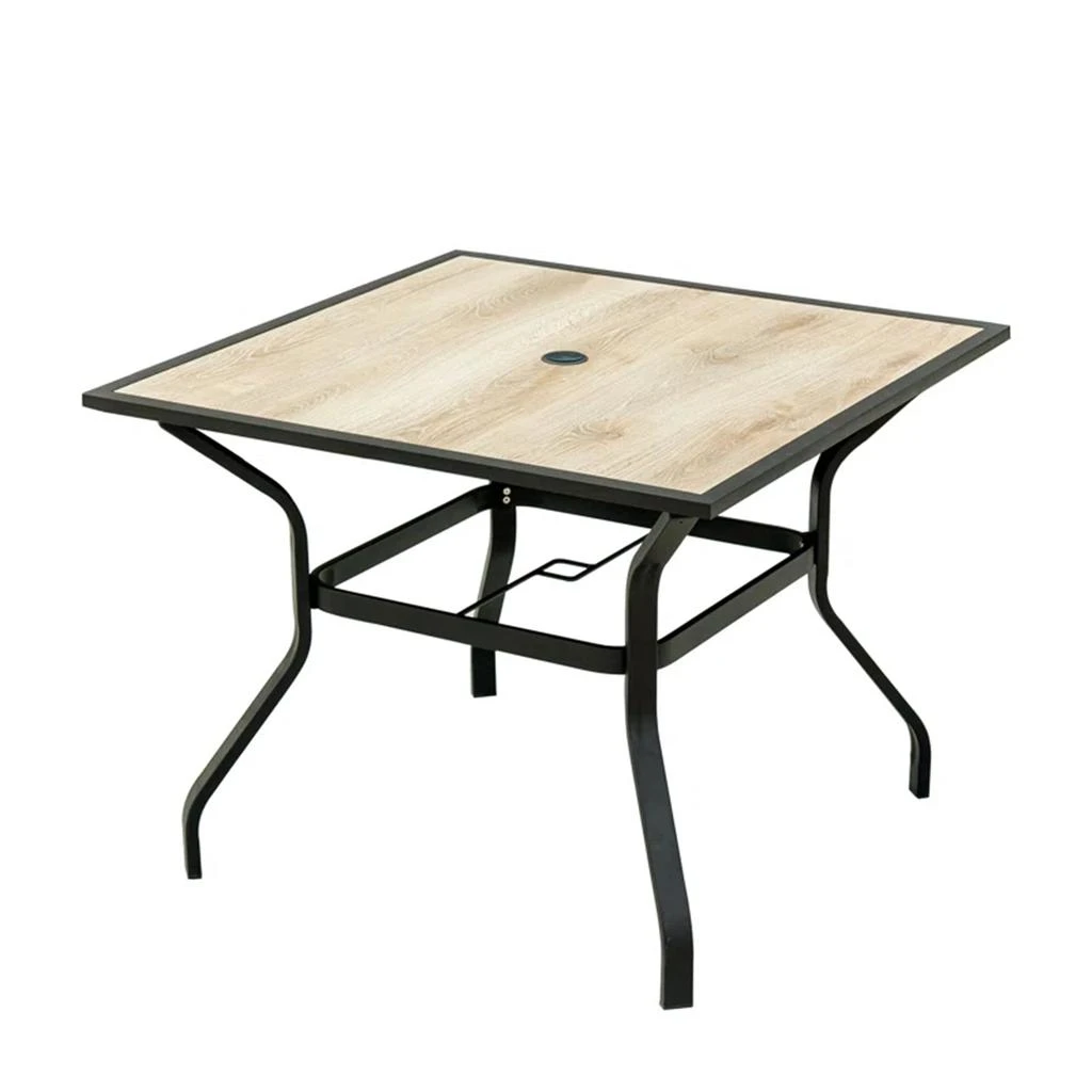 商品Streamdale Furniture|Streamdale Square Metal Patio Table with Umbrella Hole & Wood-Look Top,价格¥2000,第1张图片详细描述
