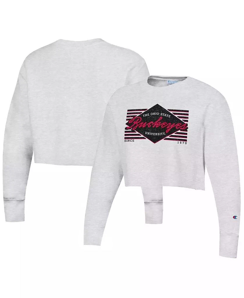 商品CHAMPION|Women's Heather Gray Distressed Ohio State Buckeyes Reverse Weave Cropped Pullover Sweatshirt,价格¥360,第1张图片