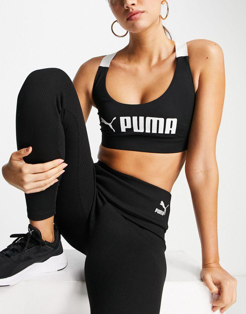 Puma Training Fit mid support sports bra with colourblock in black商品第1张图片规格展示