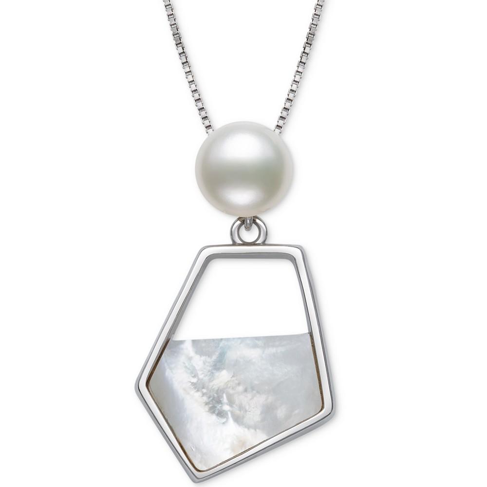 Cultured Freshwater Pearl (7mm) & Mother-of-Pearl Freeform 18" Pendant Necklace in Sterling Silver商品第1张图片规格展示