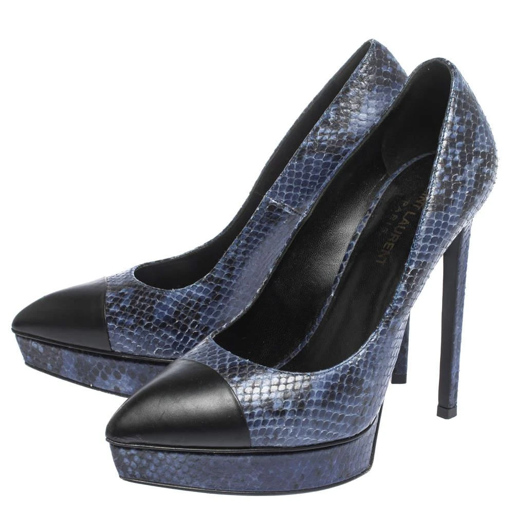 商品[二手商品] Yves Saint Laurent|Saint Laurent Blue/Black Snake Embossed Leather Janis Cap Toe Platform Pumps Size 38,价格¥900,第4张图片详细描述