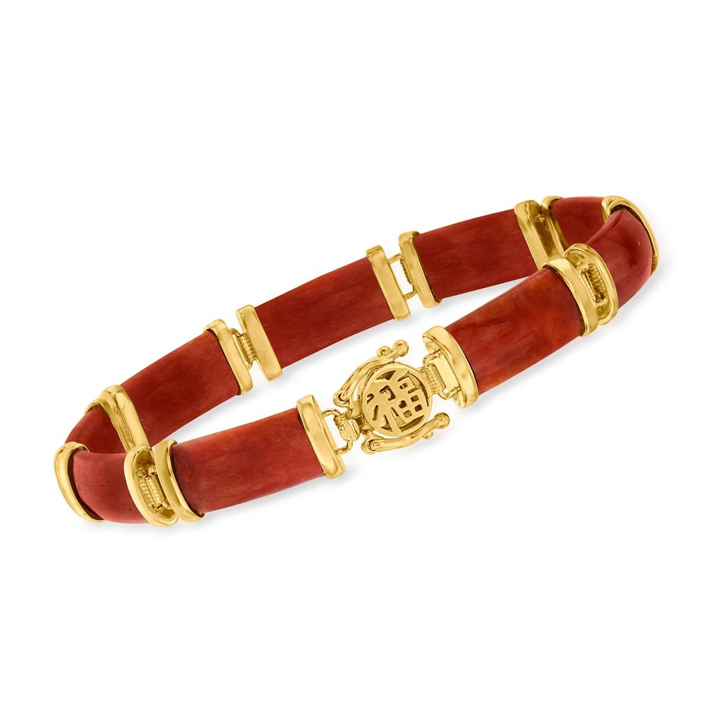 Ross-Simons Red Jade "Good Fortune" Bracelet in 18kt Gold Over Sterling商品第1张图片规格展示