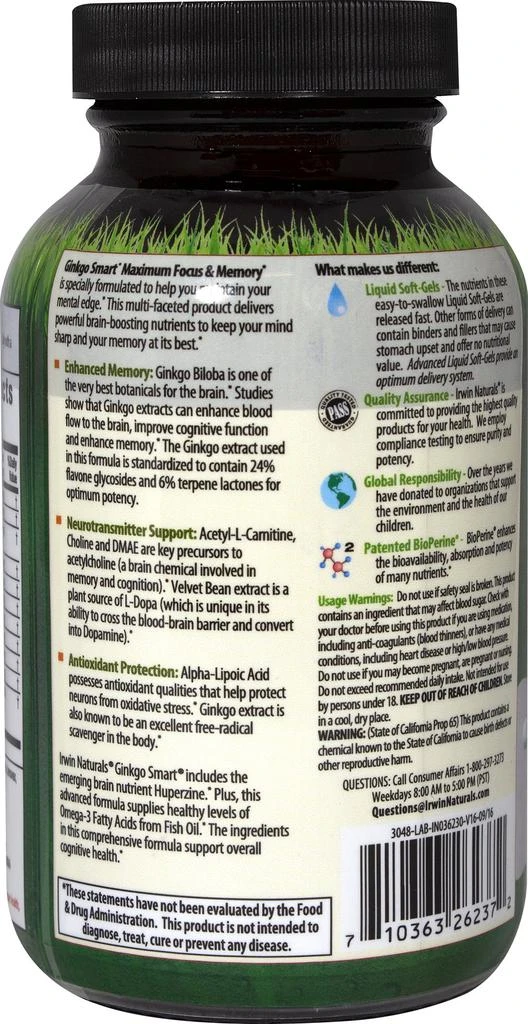 商品Irwin Naturals|Irwin Naturals Ginkgo Smart 60 Softgels,价格¥159,第3张图片详细描述