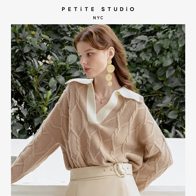Canyon浅驼菱形针织法式美利奴羊毛羊绒混纺毛衣 | Canyon Cashmere Blend Sweater - Camel 商品