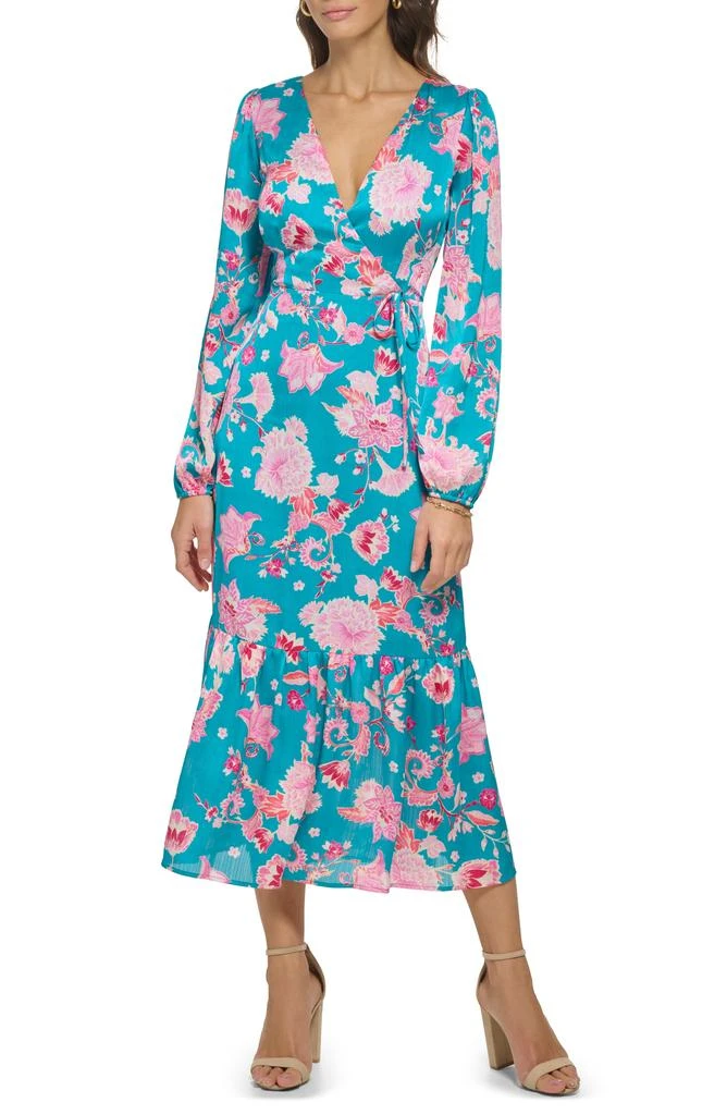 商品Kensie|Floral Long Sleeve Lace-Up Satin Maxi Dress,价格¥282,第1张图片