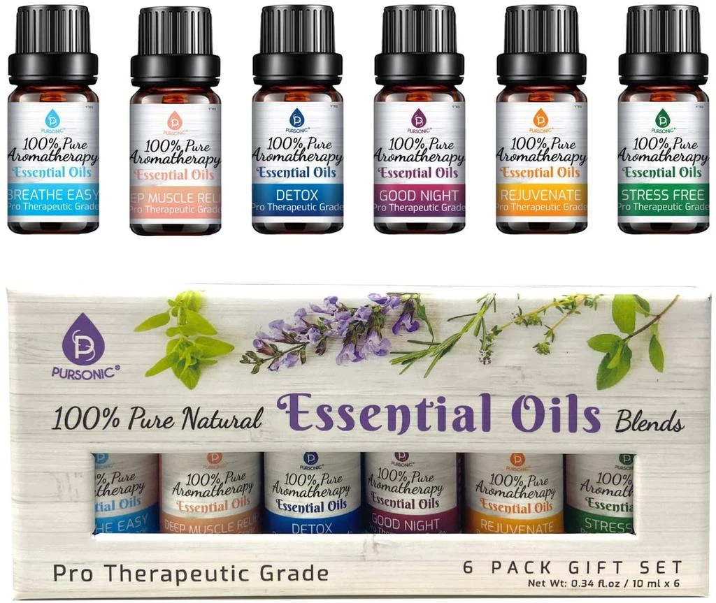 商品PURSONIC|100% Pure Essential Aromatherapy Oils Blends Gift Set-6 Pack , 10ML(Breath Easy,Deep Muscle Relief,Detox,Good Night,Rejuvenate,Distress),价格¥128,第2张图片详细描述